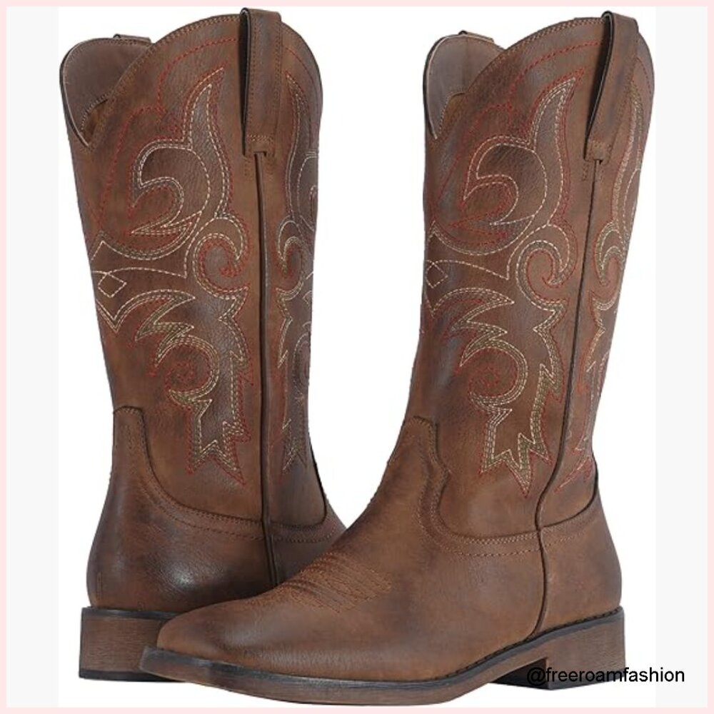 Women's Square Toe Mid Calf Cowboy Boots Embroidered Western Fashion
